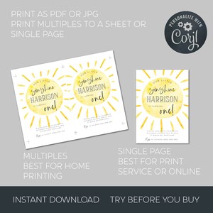 May include: Printable invitation for a first birthday party. The invitation features a yellow watercolor sun with the text "Our Little Sunshine Harrison is turning one!" and a white background.