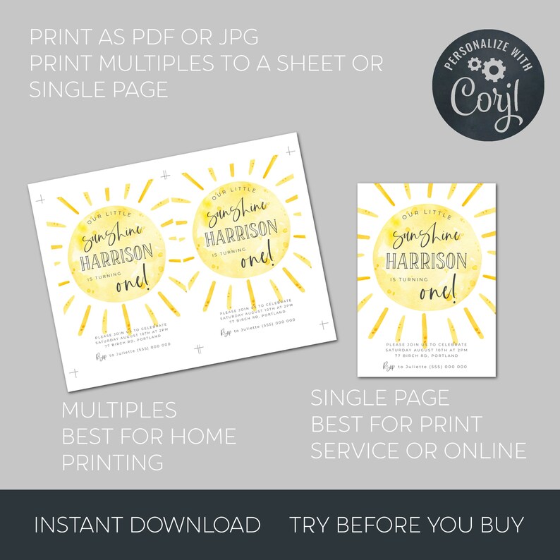 May include: Printable invitation for a first birthday party. The invitation features a yellow watercolor sun with the text "Our Little Sunshine Harrison is turning one!" and a white background.