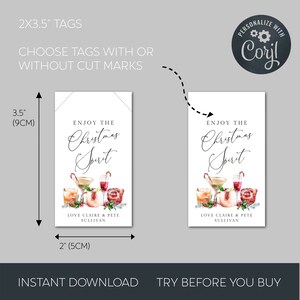 May include: Two 2x3.5 inch printable gift tags with a watercolor illustration of Christmas cocktails and the text "Enjoy the Christmas Spirit" with the names Claire and Pete Sullivan.