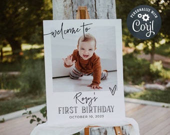 Modern Photo Birthday Welcome Sign Template, Printable Minimal First Birthday Welcome Poster, Editable 1st Birthday, Instant Download, #B3