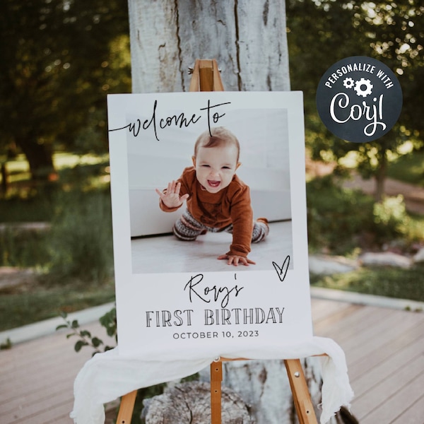 Modern Photo Birthday Welcome Sign Template, Printable Minimal First Birthday Welcome Poster, Editable 1st Birthday, Instant Download, #B3