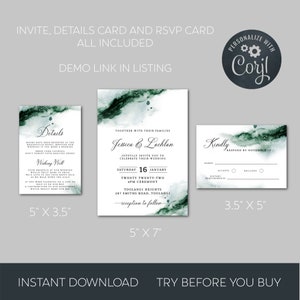 Emerald Green Watercolor Wedding Invitation Suite, Printable Wedding Invite Set, Editable Abstract Invite Details RSVP Instant Download EGW image 6