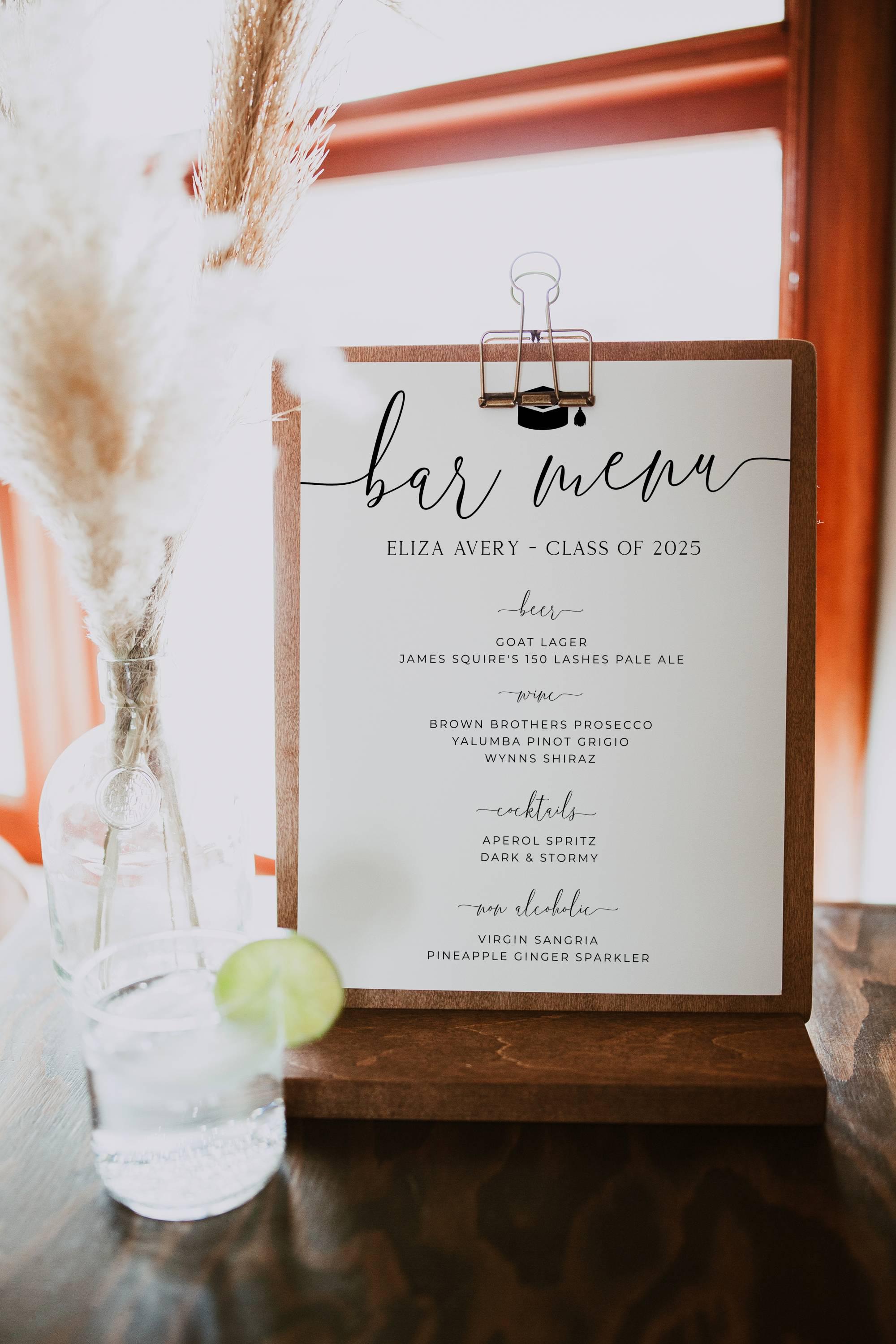 Graduation Bar Menu. Example Graduation Bar Menu Sign Template, Printable Elegant Grad Party Drinks ...