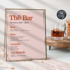 Plantilla de menú de bar de boda retro, lista de bebidas imprimible de los años 70, letrero editable en tono melocotón y óxido, ¡A beber!, descarga instantánea, #RW