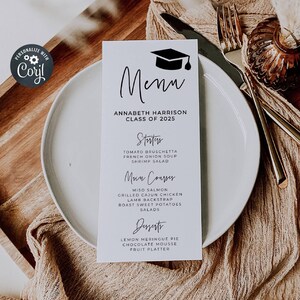Minimalistische Graduierung Dinner Menu Template, Druckbare moderne graduierte Tischdekoration, bearbeitbare Grad Partyhut Menükarten, sofortiger Download, #SG