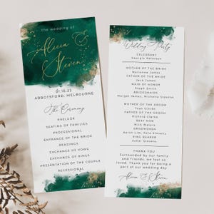 Emerald aquarel bruiloft programmasjabloon, afdrukbare jagersgroen en gouden ceremonieorde, bewerkbaar modern programma, instant download #WC4