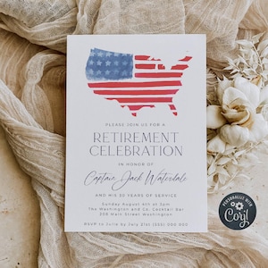 Military Retirement Party Invitation Template, Printable American Flag Invite, Editable Navy Marines Army Air Force Invite, Instant Download