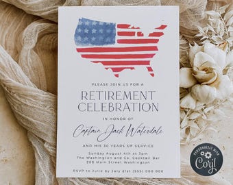 Military Retirement Party Invitation Template, Printable American Flag Invite, Editable Navy Marines Army Air Force Invite, Digital Download