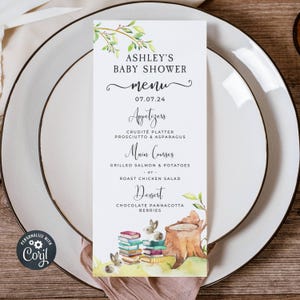Storybook Baby Shower Menu Template, Printable Book Themed Shower Menu Cards, Editable Gender Neutral Book Menus, Instant Download, #BT