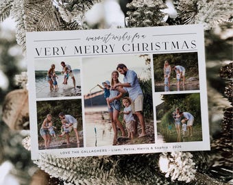 Modern Photo Collage Holiday Card Template, Printable Minimal Christmas Card, Editable Very Merry Christmas Greeting Card, Digital Download