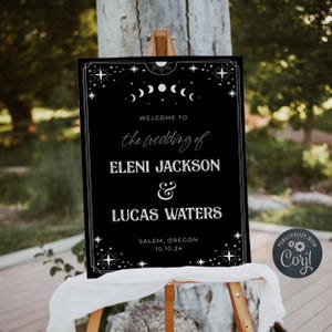 Tarot Karte Hochzeit Willkommensschild Vorlage, Printable Gothic Halloween Willkommen, bearbeitbares Gruseliges Himmlisches Mond Zeichen, Sofort Download, #H9