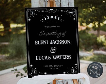 Plantilla de cartel de bienvenida para bodas con cartas del tarot, bienvenida gótica de Halloween imprimible, cartel lunar celestial espeluznante editable, descarga digital, #H9