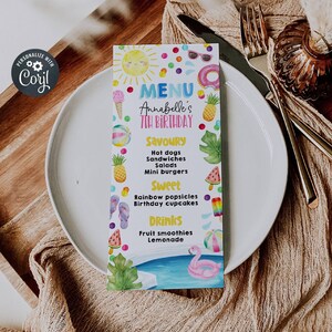 Szablon menu na letnią imprezę przy basenie, karty menu urodzinowego dla dzieci do wydrukowania, edytowalne menu na imprezę urodzinową dla dziewcząt, natychmiastowe pobieranie, #PP