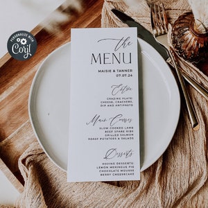 Minimalistische bruiloft menusjabloon, afdrukbare moderne klassieke menukaarten, bewerkbare eenvoudige boho bruiloft tafeldecor, instant download, #MW1