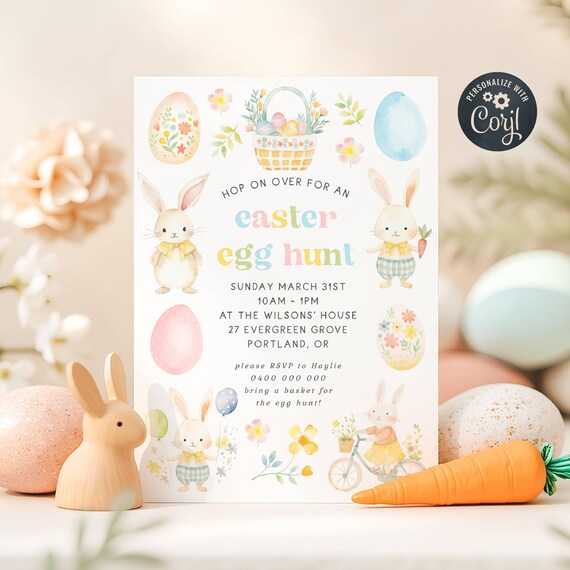 Easter Egg Hunt Invitation Template, Printable Pastel Bunnies Eggs Brunch Invite, Editable Spring Pastel Invite, Instant Download