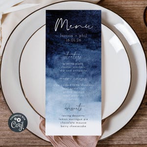 Navy Wedding Menu Template, Printable Ombre Watercolor Wedding Table Menu, Editable Nautical Beach Wedding Decor, Instant Download, #WC1