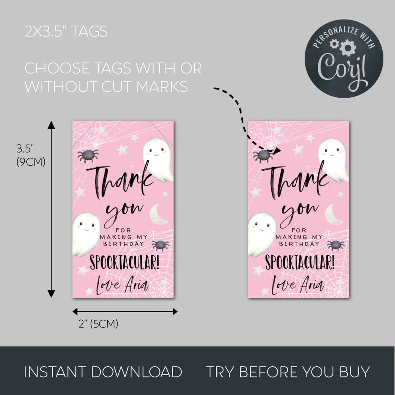 May include: Two pink and white ghost-themed thank you tags with a spider web design. The tags are 2 inches by 3.5 inches and say "Thank you for making my birthday spooktacular! Love Aria".