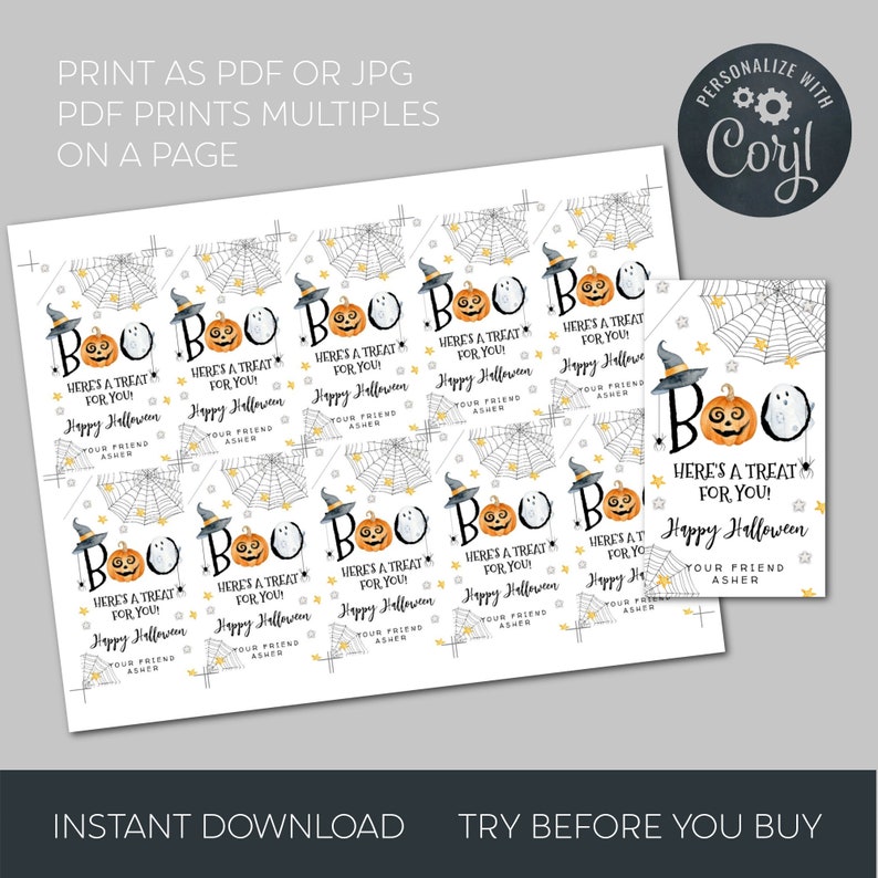 May include: Printable Halloween treat bag tags featuring a cute cartoon ghost and pumpkin with the text "Boo! Here's a treat for you! Happy Halloween. Your friend Asher."