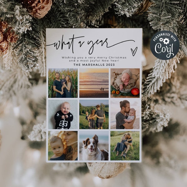 What A Year Holiday Card Template, Printable Photo Collage Christmas Card, Editable Family Holiday Pictures Grid Card, Instant Download
