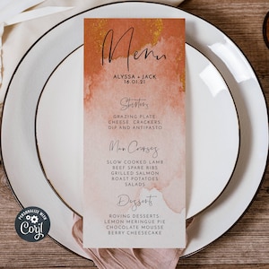 Rust & Gold Watercolor Wedding Menu Template, Printable Wedding Table Decor, Editable Copper Terracotta Boho Menu, Instant Download, #WC3