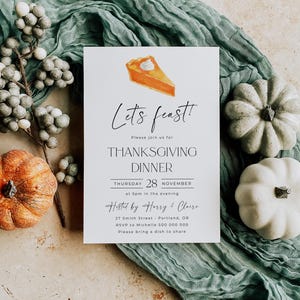 Thanksgiving Dinner Kürbiskuchen Einladung Vorlage, druckbare minimale Friendsgiving einladen, bearbeitbare Dinner Party einladen, digitaler Download Bild 2