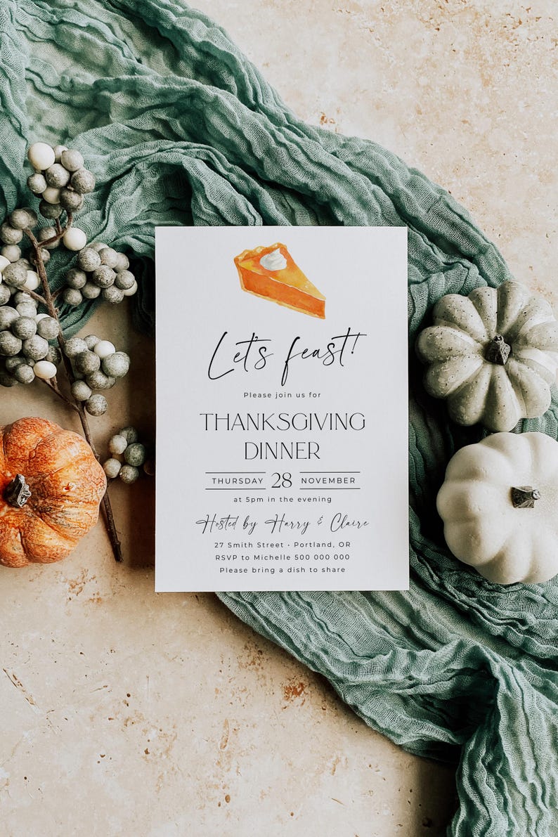 Thanksgiving Dinner Kürbiskuchen Einladung Vorlage, druckbare minimale Friendsgiving einladen, bearbeitbare Dinner Party einladen, digitaler Download Bild 2