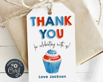 4. Juli Cupcake Favor Tag Vorlage, druckbare Juli vierter amerikanischer Geburtstag Geschenkanhänger, bearbeitbarer rot weiß blauer Party Anhänger Digitaler Download