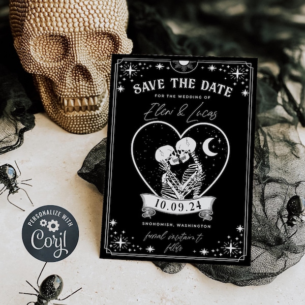 Tarot Card Save The Date Template, Printable Gothic Halloween Wedding Announcement, Editable Skeleton Lovers Invite, Instant Download, #H9