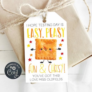 May include: A gift tag with the text "I hope testing day is easy, peasy, fun & cheesy!" featuring a cartoon cracker and star accents. The tag is tied to a wrapped gift with twine.