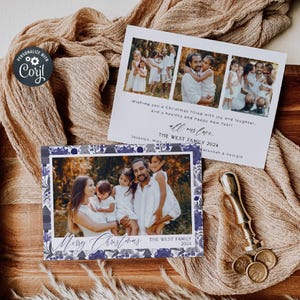 Modèle de carte de vœux photo Boho bleu, carte de Noël imprimable arbres Hygge, carte de voeux de Noël moderne Boho modifiable, téléchargement immédiat