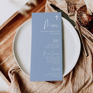 Dusty Blue Baptism Menu Template, Printable Christening Table Menu, Editable Menu Cards, Modern Boy Baptism Menu, Digital Download, #DB
