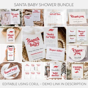 Santa Baby Shower Template Bundle, druckbares Weihnachtsduschpaket, bearbeitbares Weihnachtsmann Hut Duschset, digitaler Download, #CS Bild 1