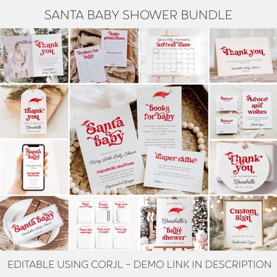 Santa Baby Shower Template Bundle, Printable Christmas Shower Pack, Editable Holiday Santa Hat Shower Set, Digital Download, #CS