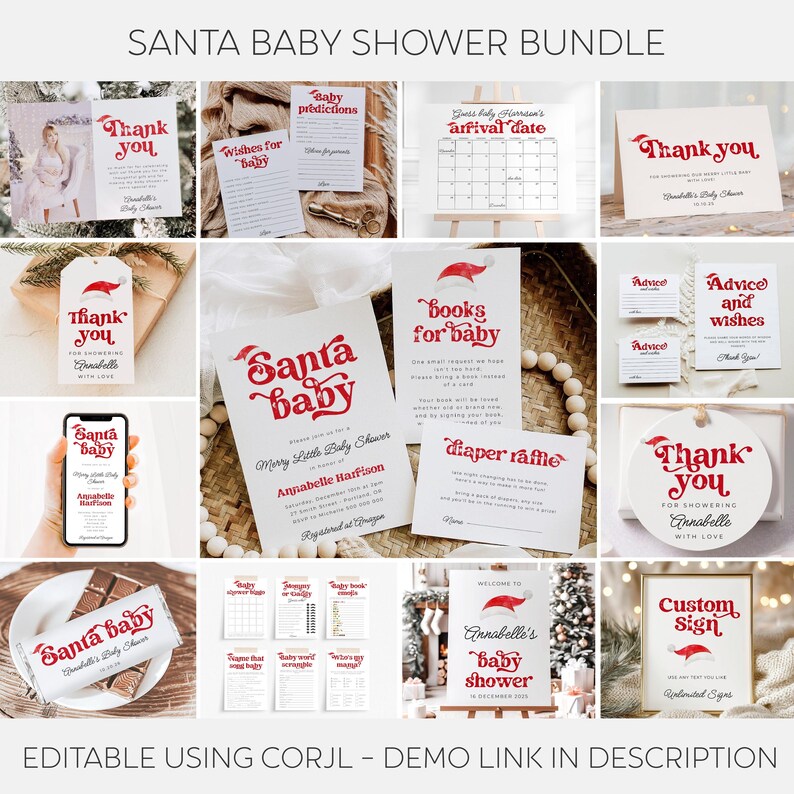 Santa Baby Shower Template Bundle, druckbares Weihnachtsduschpaket, bearbeitbares Weihnachtsmann Hut Duschset, digitaler Download, #CS Bild 1