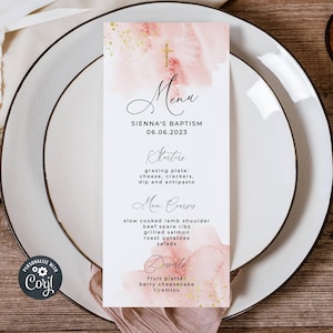 Blush Pink & Gold Aquarell Taufe Menüvorlage, druckbares Tauftischmenü, bearbeitbares modernes Widmungsmenü, sofortiger Download, #PB