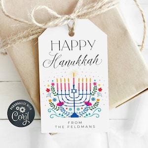Happy Hanukkah Holiday Gift Tag Template, Printable Bright Menorah Chanukah Tag, Editable Present Tag, School Hanukkah, Instant Download
