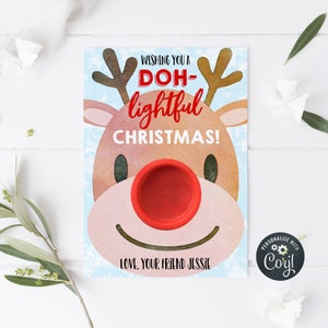 Modelo de cartão de Play Doh de rena de Natal, suporte para massinha de modelar para imprimir, desejando a você um feriado leve, etiquetas editáveis, download instantâneo