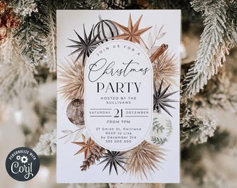 May include: A white Christmas party invitation with a watercolor design of stars, ornaments, and cinnamon sticks. The text reads "Join us for a Christmas Party Hosted by the Sullivans Saturday 21 December From 7pm 27 Smith St, Portland RSVP to Lisa by December 3rd 555 000 000"