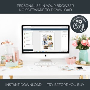 May include: A desktop computer displays a customizable Father's Day photo collage template. The screen shows a design with the word "Daddy" and several family photos. Text at the top reads "PERSONALISE IN YOUR BROWSER NO SOFTWARE TO DOWNLOAD". The bottom reads "INSTANT DOWNLOAD TRY BEFORE YOU BUY".
