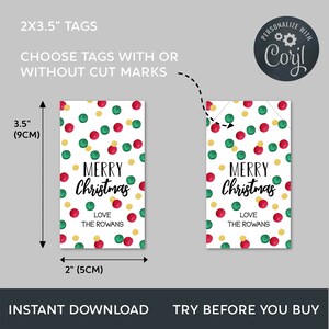 May include: Two 2x3.5 inch gift tags with a white background and a red, green, and gold confetti pattern. The tags say "Merry Christmas" with the text "Love The Rowans" underneath.