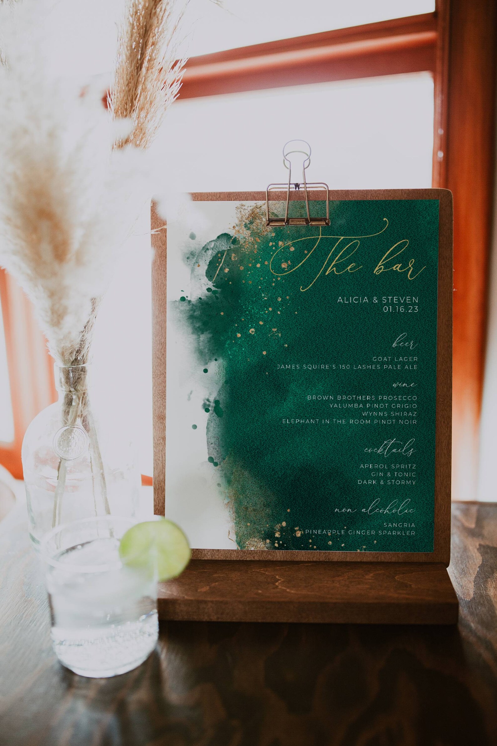 Emerald Watercolor Bar Menu Template, Printable Hunter Green & Gold ...