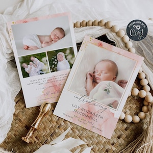 Modèle de faire-part de naissance rose et or, cartes photo imprimables pour nouveau-né, aquarelle modifiable pour petite fille Merci, téléchargement immédiat, #PB