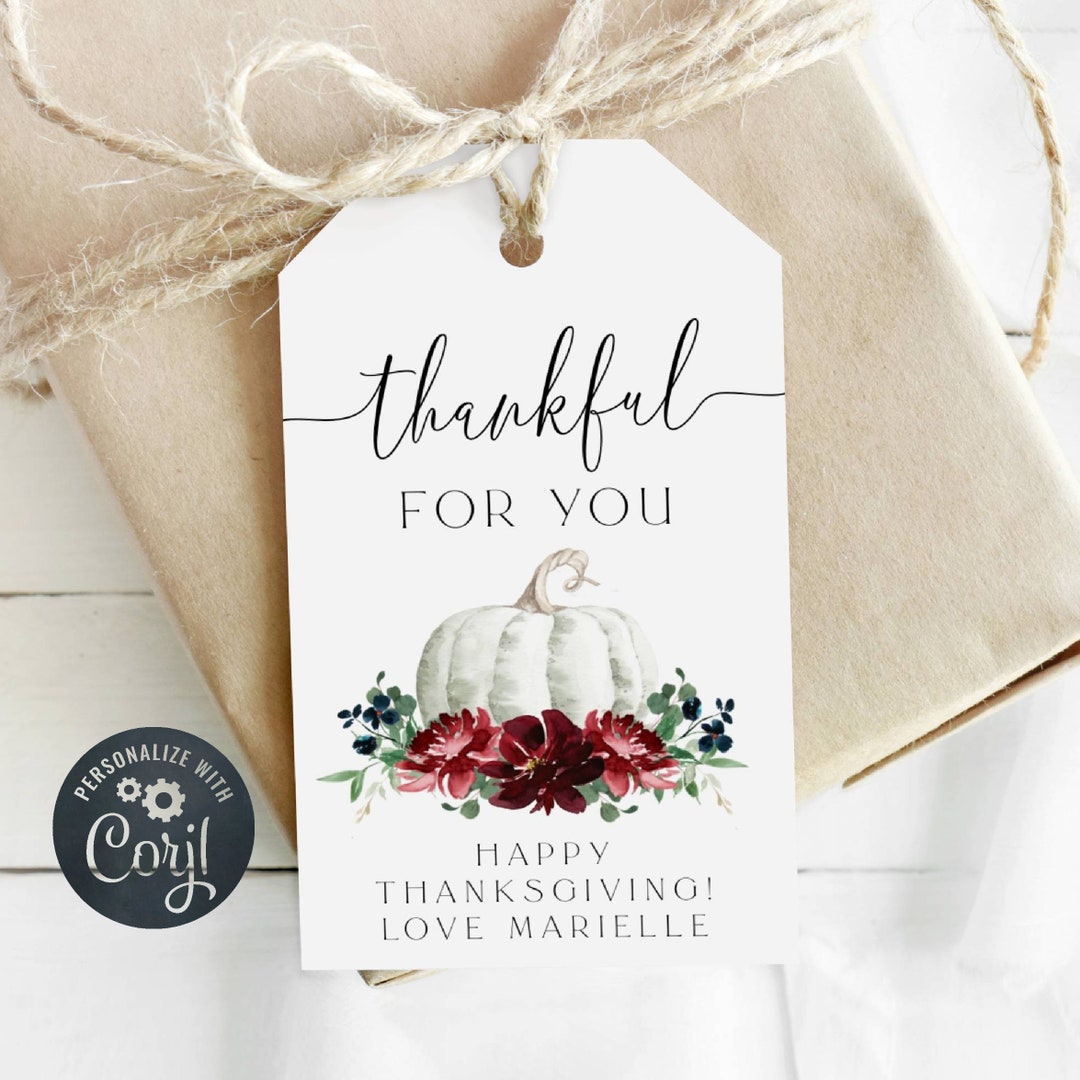 Thanksgiving Favor Tag Template, Printable Burgundy Floral Pumpkin Gift ...