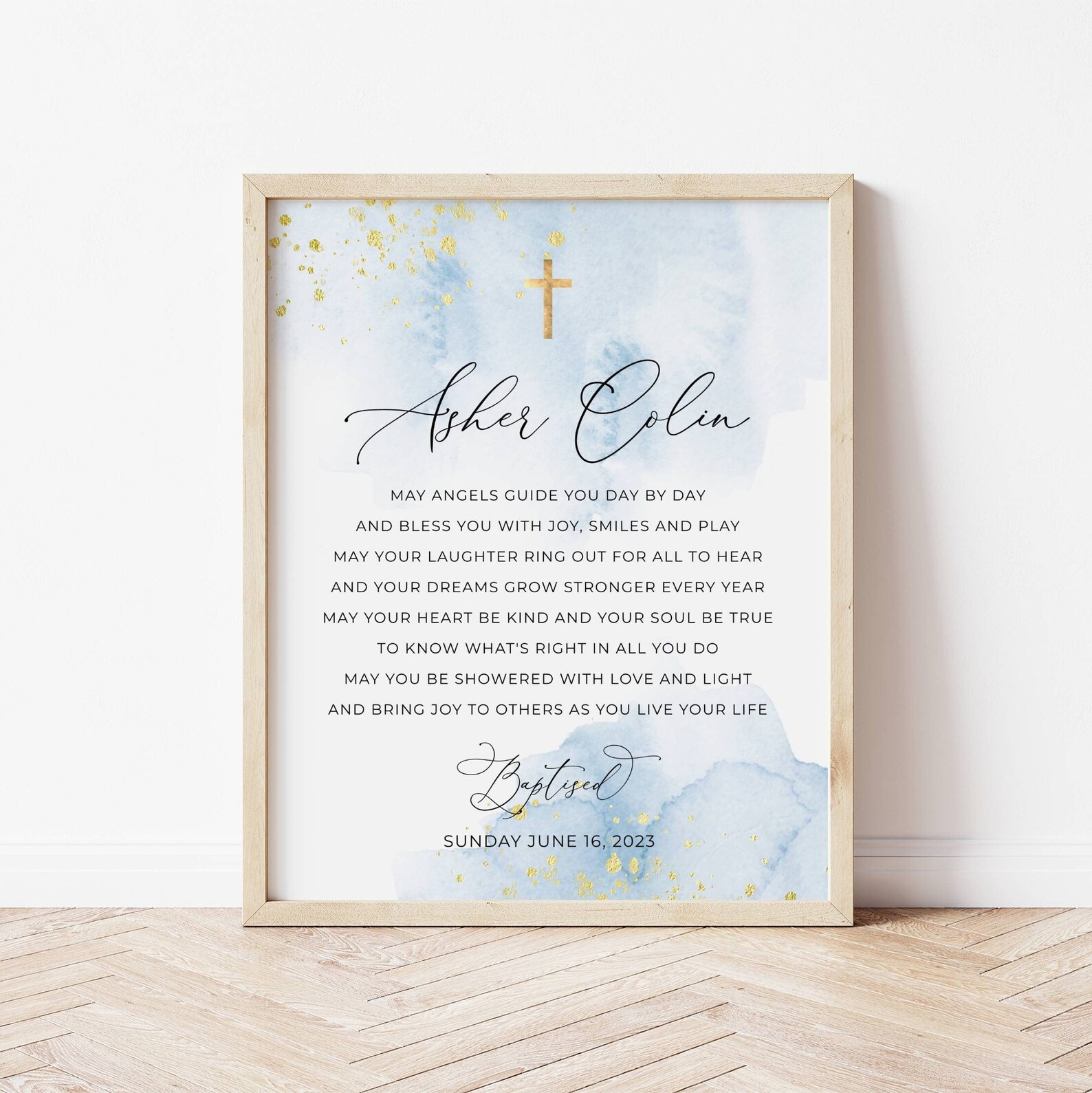 Baptism Prayer Sign Template, Printable Blue &amp; Gold Personalized ...
