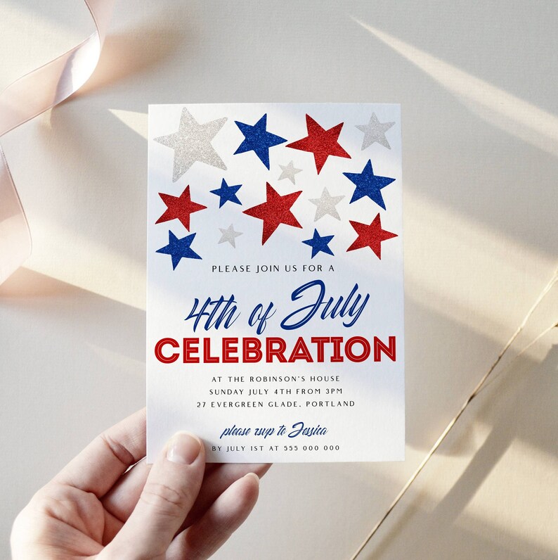 May include: A white invitation card with a festive design for a 4th of July celebration. The card features red, white, and blue stars and the text "4th of July Celebration". The invitation includes event details and a request to RSVP.