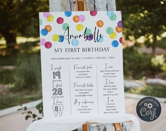 Rainbow Spots Birthday Milestone Poster Template, Printable First Birthday Milestone Board, Editable Party Sign, Digital Download, #RSB