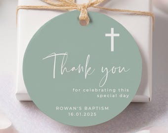 Round Sage Green Baptism Favor Tag Template, Printable Christening Gift Tags, Editable Gender Neutral Baptism Tag, Digital Download, #SGB