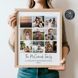 Plantilla de collage de fotos para regalo, arte mural familiar imprimible, cuadrícula de fotos personalizada, recuerdo familiar, año en fotos, descarga instantánea