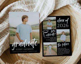 Mall för modern examensfestinbjudan, utskrivbart foto av examensmeddelande med kille, redigerbar svart examensinbjudan, direktnedladdning