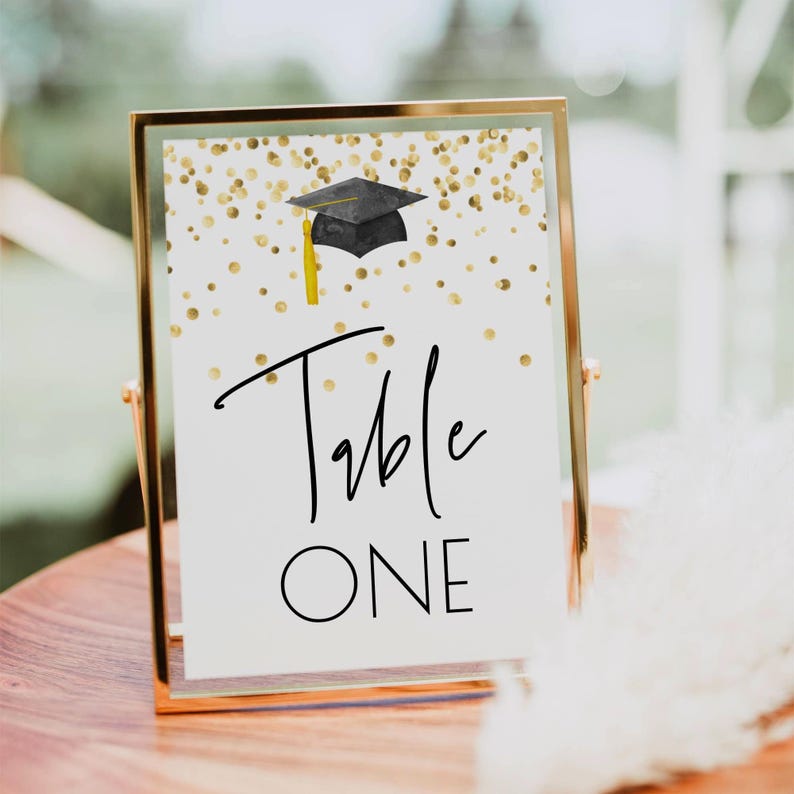 Staffelung Tischnummer Vorlage, druckbare moderne Konfetti Grad Party Tischschilder, bearbeitbare Minimal Cap Tischdekoration, digitaler Download, #GC Bild 1